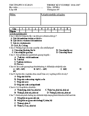 Đề thi Sinh học Lớp 6 - Học kì I - Năm học 2016-2017 - Trường THCS Xã Đàn